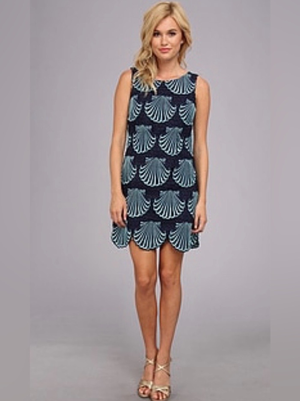 Navy Sleeveless Scallop Shell Print Shift Dress Sz 0